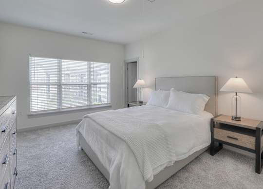 A bedroom with a large bed and a nightstand with a lamp.