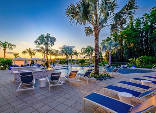 A poolside area with lounge chairs and a table surrounded by palm trees.