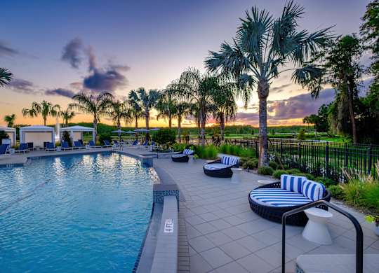 A pool surrounded by palm trees and lounge chairs.
