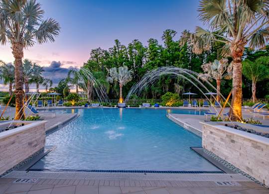 A large swimming pool surrounded by palm trees and a metal arch.