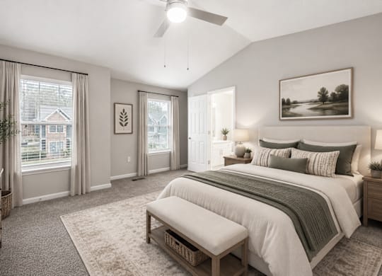 A bedroom with a large bed and a window with curtains.