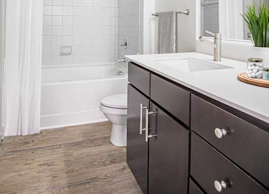 Three-Bedroom Apartments in Charlotte, NC - Gramercy Square at Ayrsley - Modern Bathroom With White Tile Tub Shower, Dark Vanity Cabinetry, Wide Mirror, And Plank Flooring.