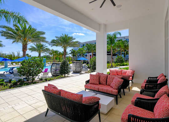a covered patio with chairs and a view of a pool and palm trees at Altis Grand Lake Willis, Orlando