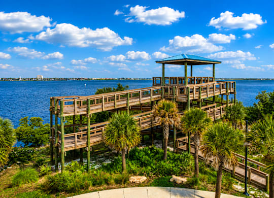 A wooden pier with a gazebo and palm trees.