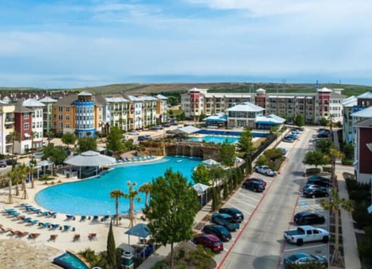 an aerial view of a large swimming pool
