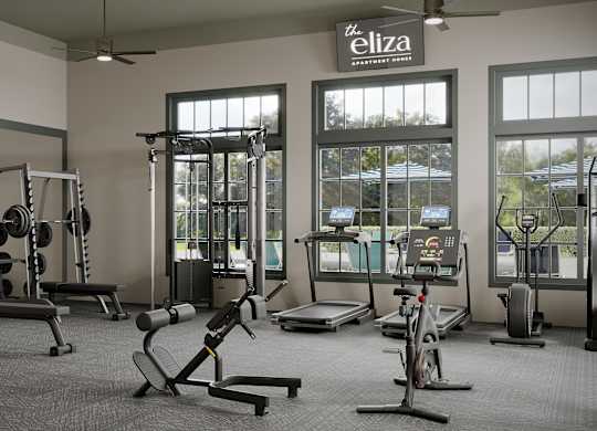 A gym with a variety of equipment including weights, treadmills, and exercise bikes.