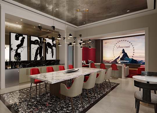 a dining room with a marble table and red chairs at Altis Grand Suncoast, Land O' Lakes, 34638