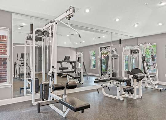 Pet-Friendly Apartments In Fairburn, GA - Orchard Springs Apartment Homes - A Bright Community Fitness Center With A Large Wall Mirror, Professional Weight Machines, And A Treadmill.