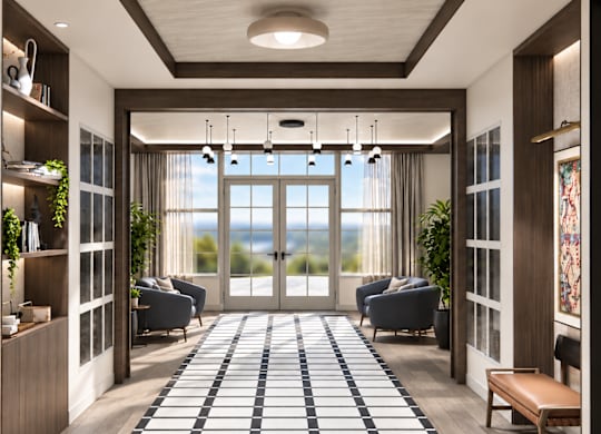 A modern living room with a black and white checkered floor.