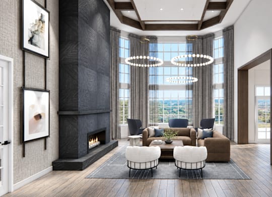 A modern living room with a fireplace and a view of the city.