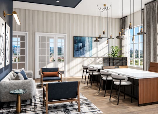 A modern dining room with a large table and chairs.