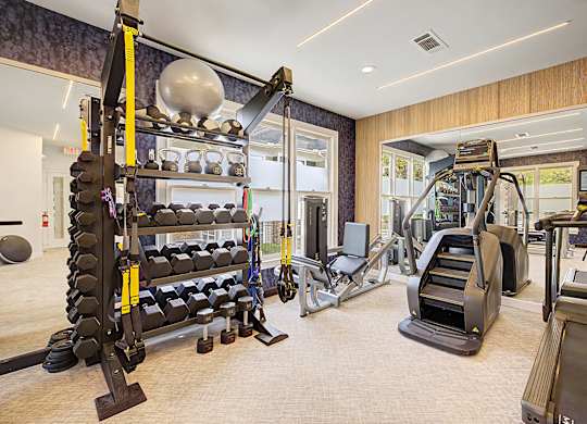 A gym with a variety of equipment including a leg press machine, a squat rack, and a treadmill.