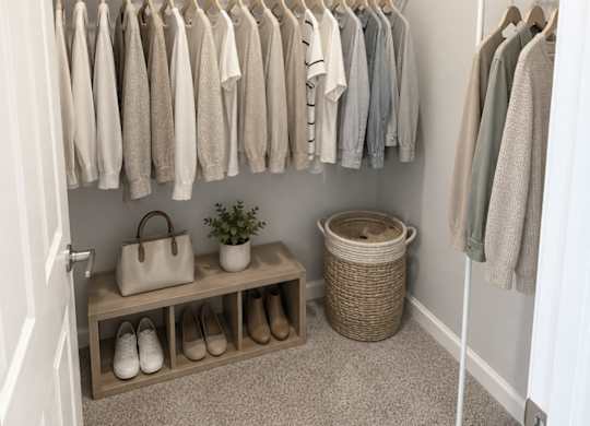 A white closet with clothes hanging and a shelf with baskets and shoes.