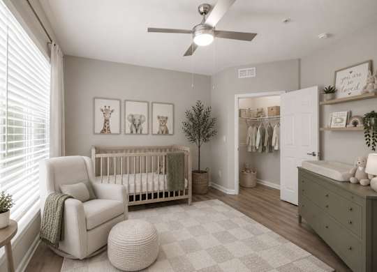 A baby nursery with a white crib, a white chair, and a white ottoman.