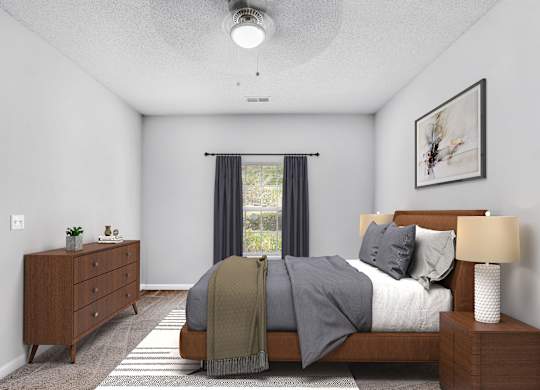 Dog-Friendly Apartments In Fairburn, GA - Orchard Springs Apartment Homes - A Modern Bedroom With A Cognac Leather Bed, Dark Grey Curtains, And A Mid-Century Style Wood Dresser.