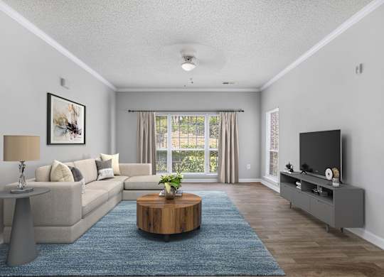 A living room with a grey couch, a wooden coffee table, and a flat screen TV.