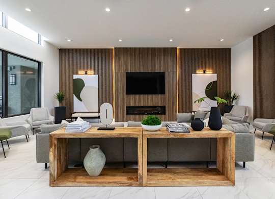 A modern living room with a fireplace and a TV.