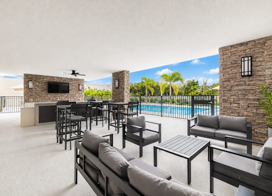 A patio with a pool and furniture.