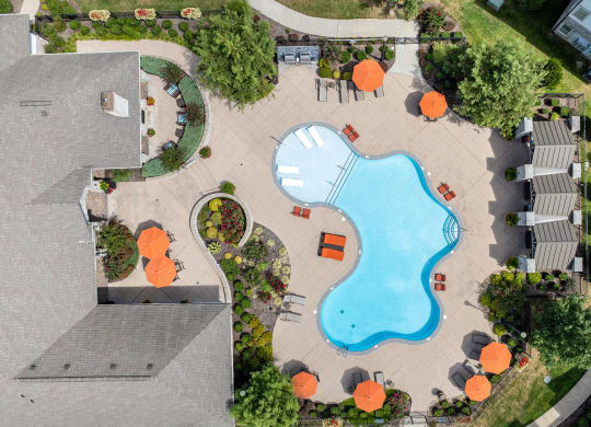 an overhead view of a swimming pool in a garden with tables and umbrellas