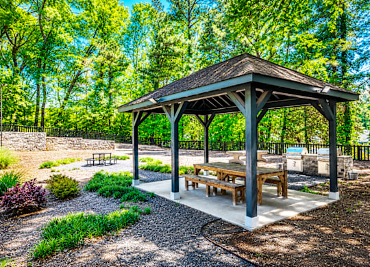 A gazebo with a thatched roof is surrounded by trees and has picnic tables.