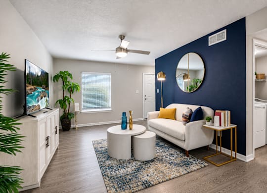 A living room with a white couch and a blue rug.