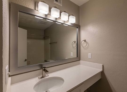 A bathroom sink with a mirror above it.
