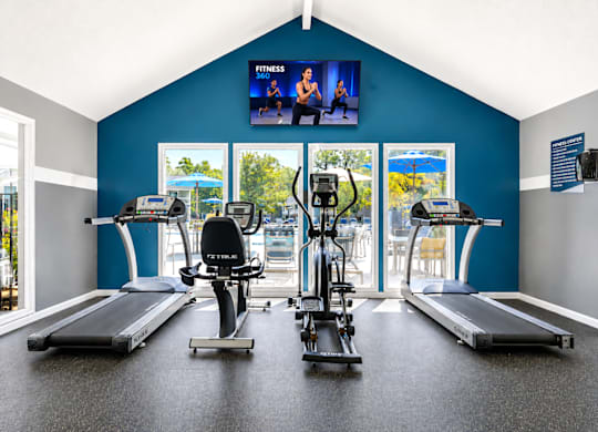 A gym with treadmills, exercise bikes and a television playing fitness videos.