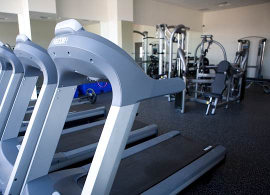 A gym with treadmills and other exercise equipment.