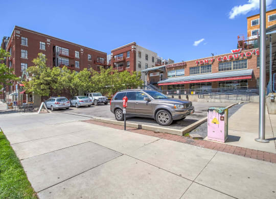 a parking lot in front of a building