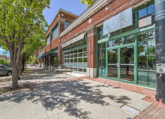 a brick building with green windows and a tree in front of it