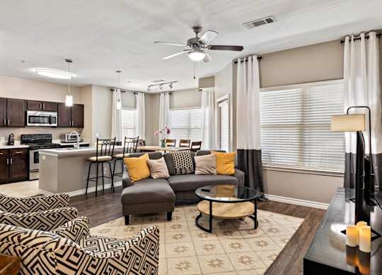 A living room with a grey couch and a patterned rug.