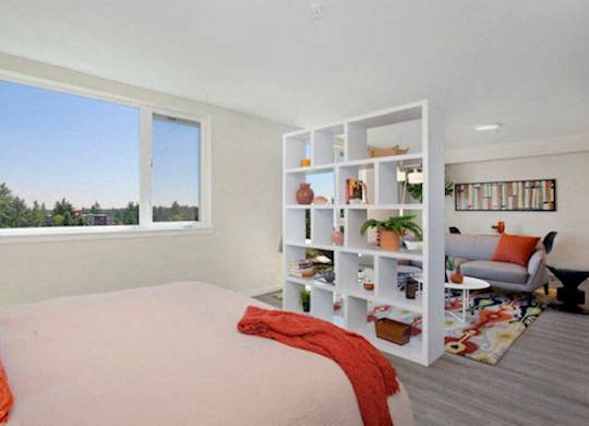 Studio Apartment with Bedroom View and Book Shelf separating living area at Arabella Apartment Homes, Shoreline, 98155