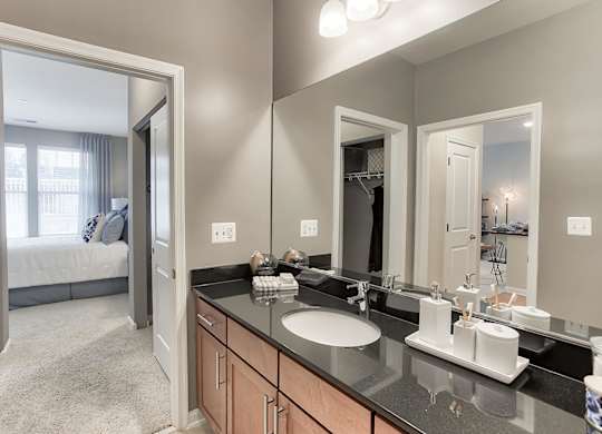 a bathroom with a large mirror and a sink