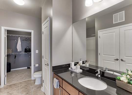 a bathroom with a large mirror and a sink