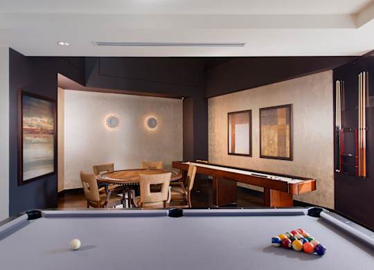 a games room with a pool table and ping pong table