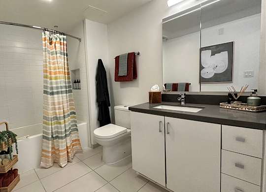 Bathroom in portal finish with shower tub at Idea1 Apartments in San Diego CA