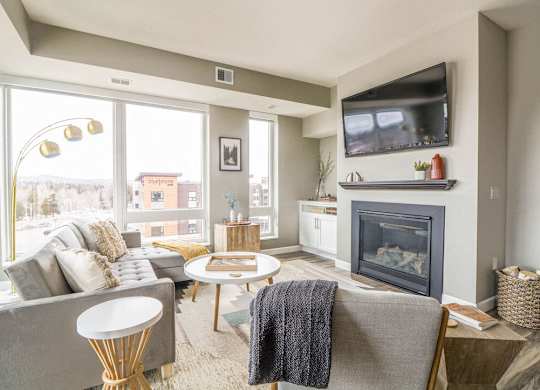 Living Room With Fireplace at Vue at Bluestone, Duluth, 55803