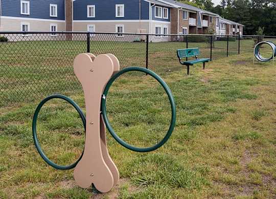 fenced in dog park with grass and agility equipment