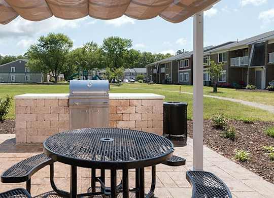 outdoor grilling area with grill station and picnic table