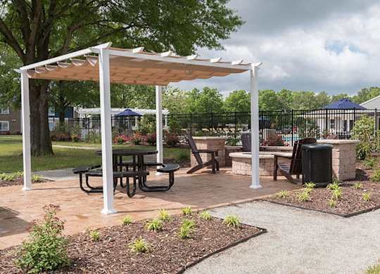 covered courtyard area with picnic tables