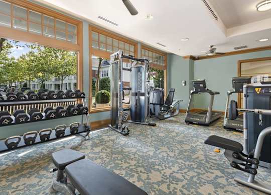a gym with a lot of exercise equipment and a window