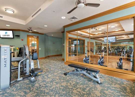 a gym with weights and a mirror in a home gym