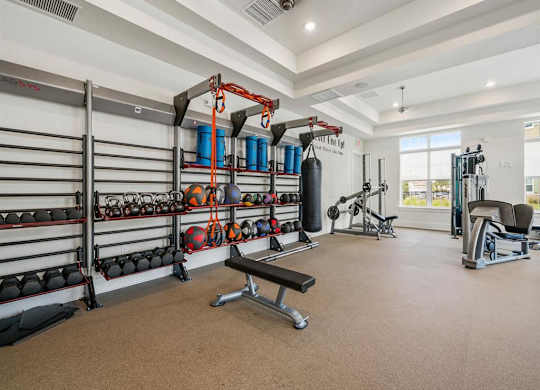 A well-equipped gym with a variety of exercise equipment and a bench.