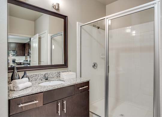 A bathroom with a mirror, sink, and shower.