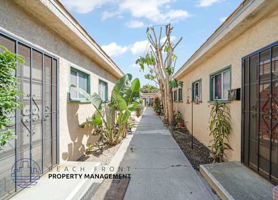 A row of houses with the words Beach Front Property Management on the bottom left.