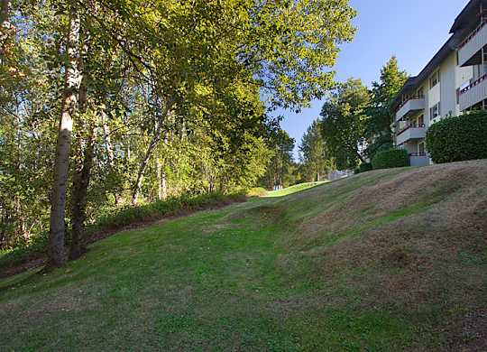 A grassy hill with trees and a building in the background.