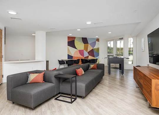 A modern living room with a grey couch and a wooden coffee table.