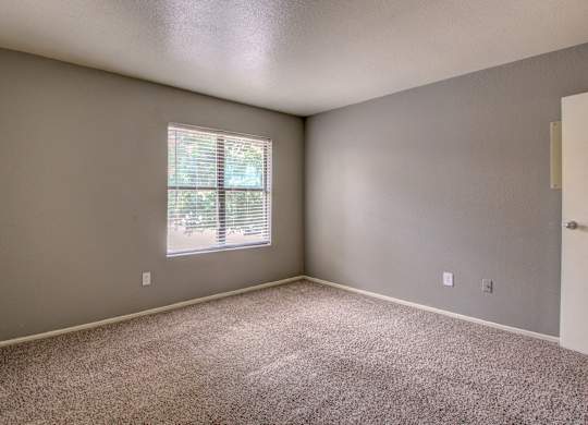 A room with a window and carpeted floor.