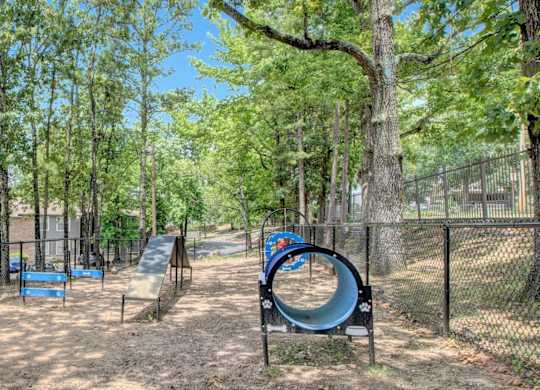 A playground with a blue slide and a green tunnel.