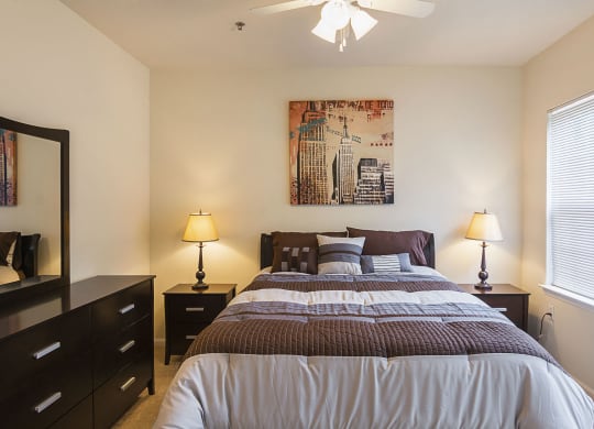 Furnished Master Bedroom at Ultris Courthouse Square Apartments in Stafford, Virginia, VA
